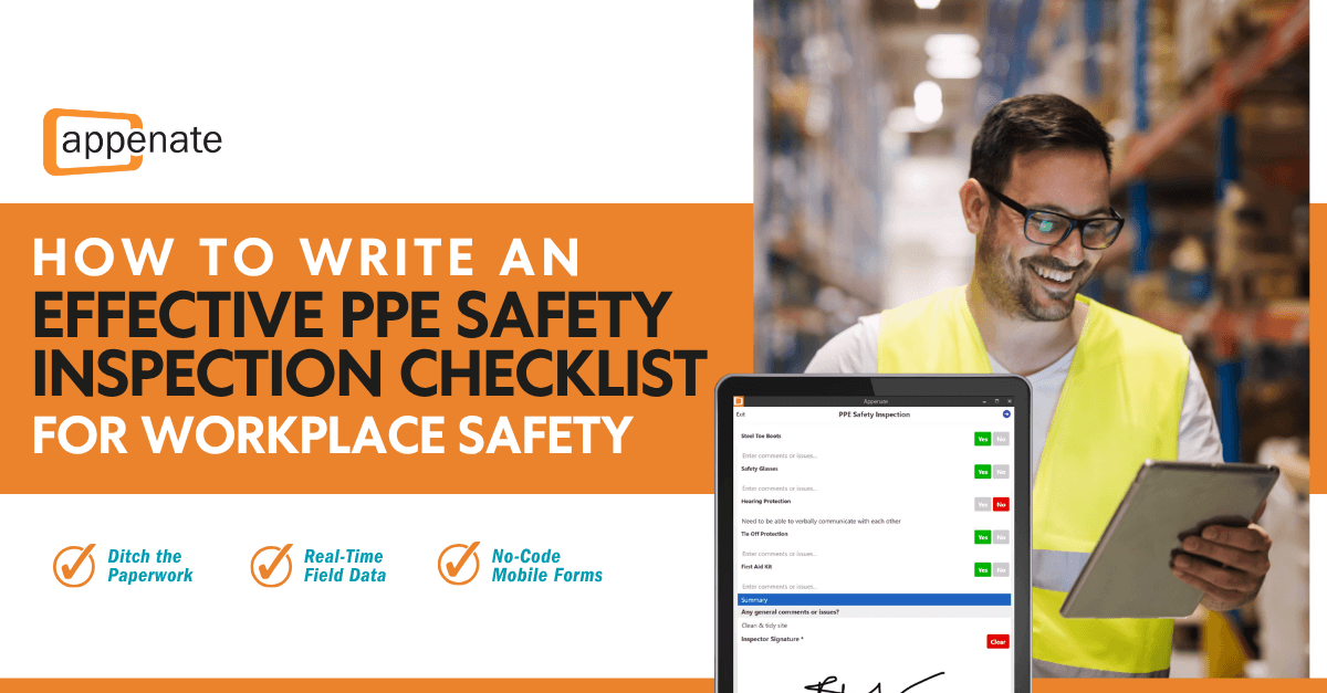 A warehouse safety worker using a tablet to fill out a digital PPE safety inspection checklist by Appenate, with text reading "How to write an effective PPE safety inspection checklist for workplace safety".