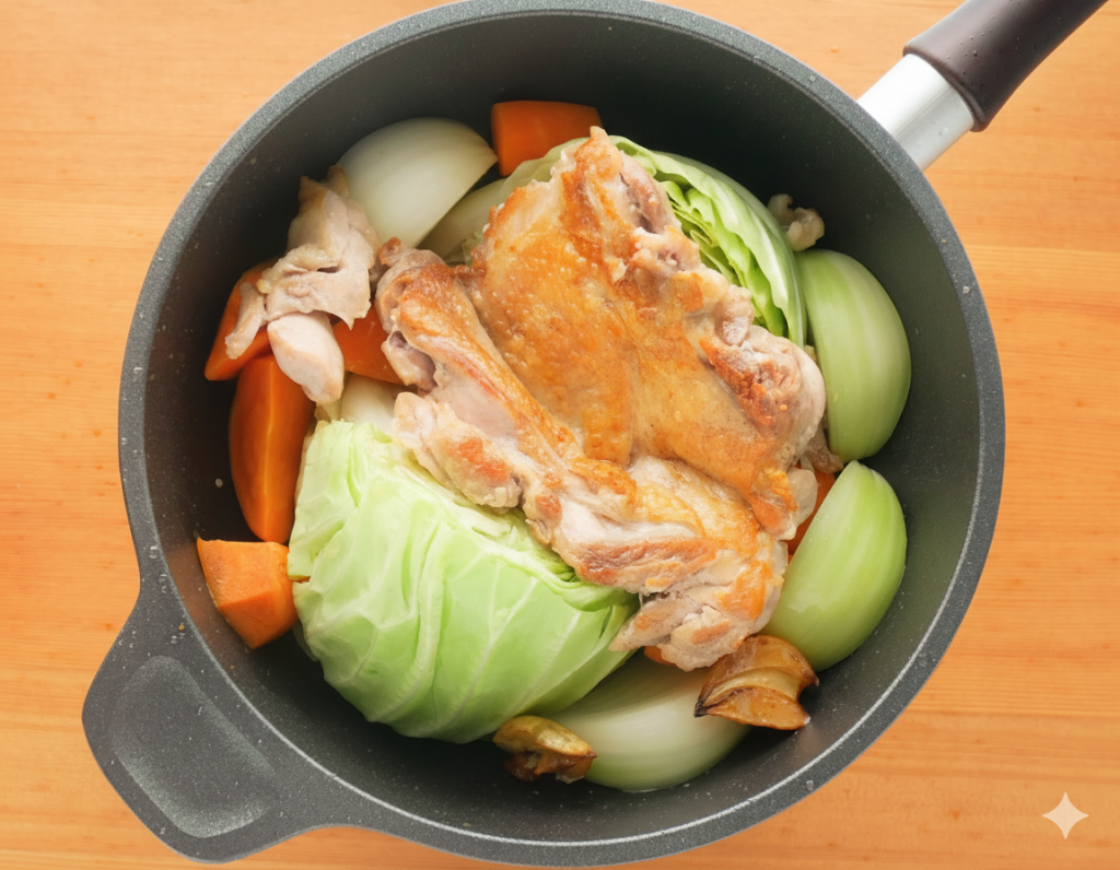 味わい鍋に野菜と鶏もも肉を入れる様子