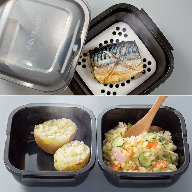 グルラボプラスに入った焼き魚、じゃがいも、ポテトサラダ