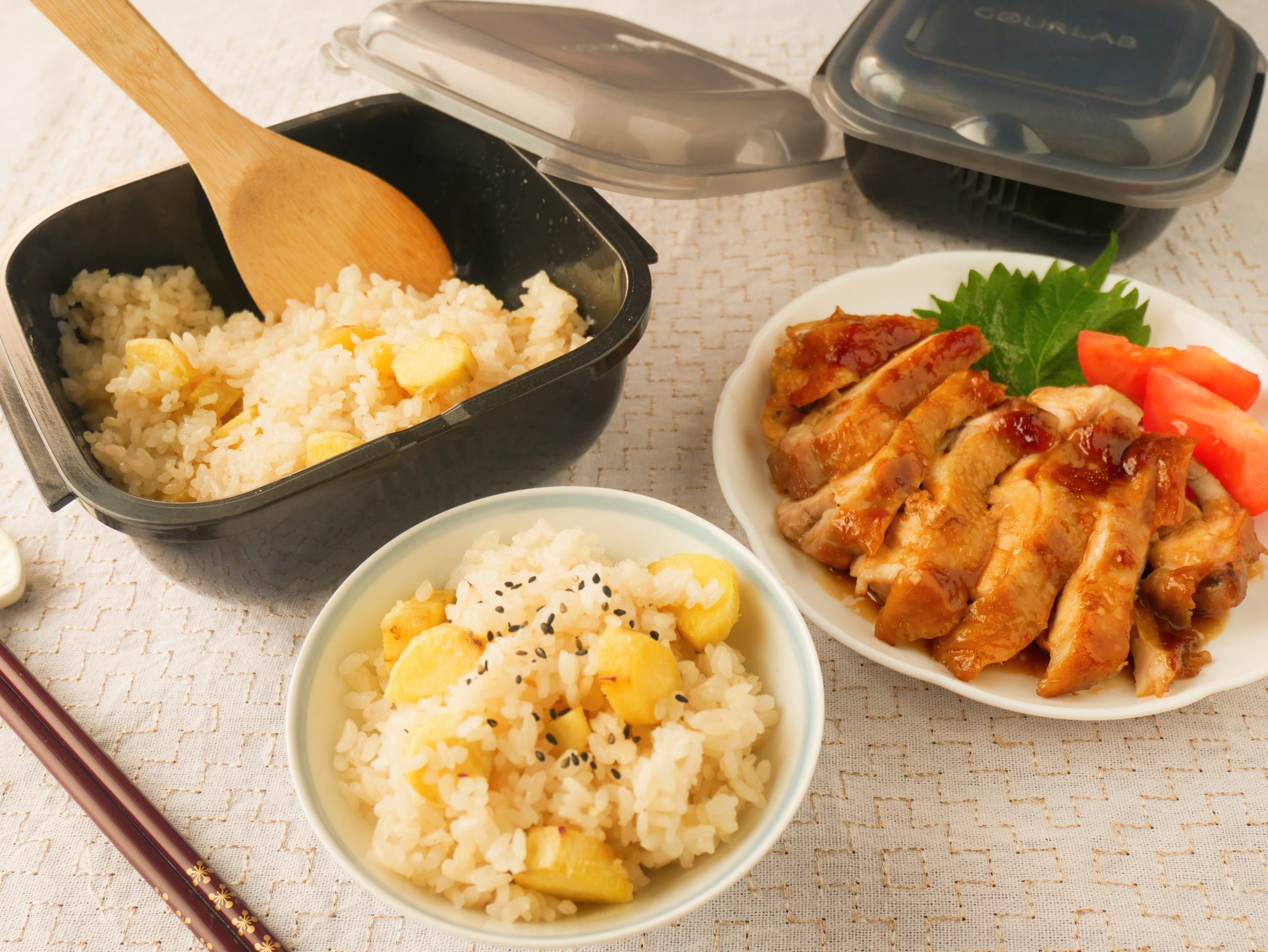 グルラボプラスで作ったさつまいもごはんと照り焼きチキン
