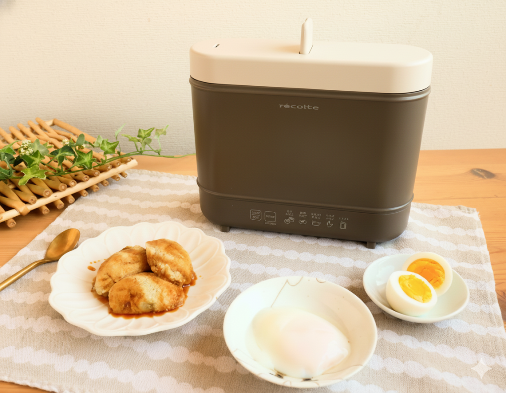 エッグ＆ボイルクッカーとさつまいもプリン、温泉卵、固ゆで卵