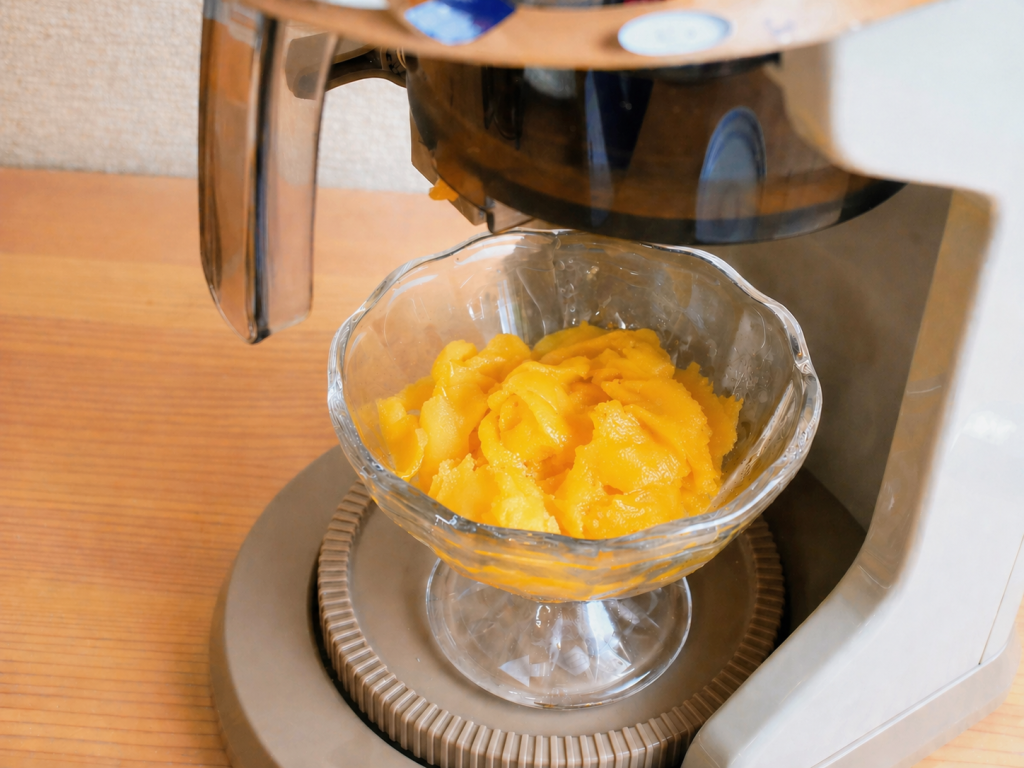 冷凍マンゴーを削る様子