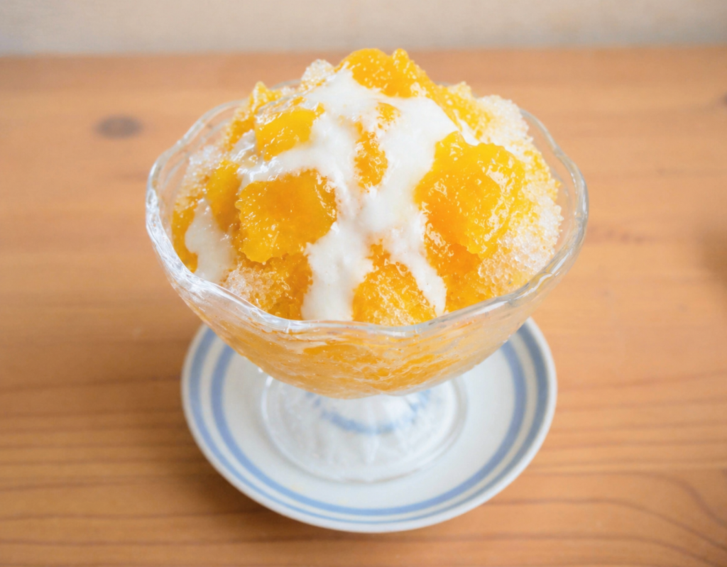 氷を削った器にマンゴーソースとヨーグルトソースをかける様子