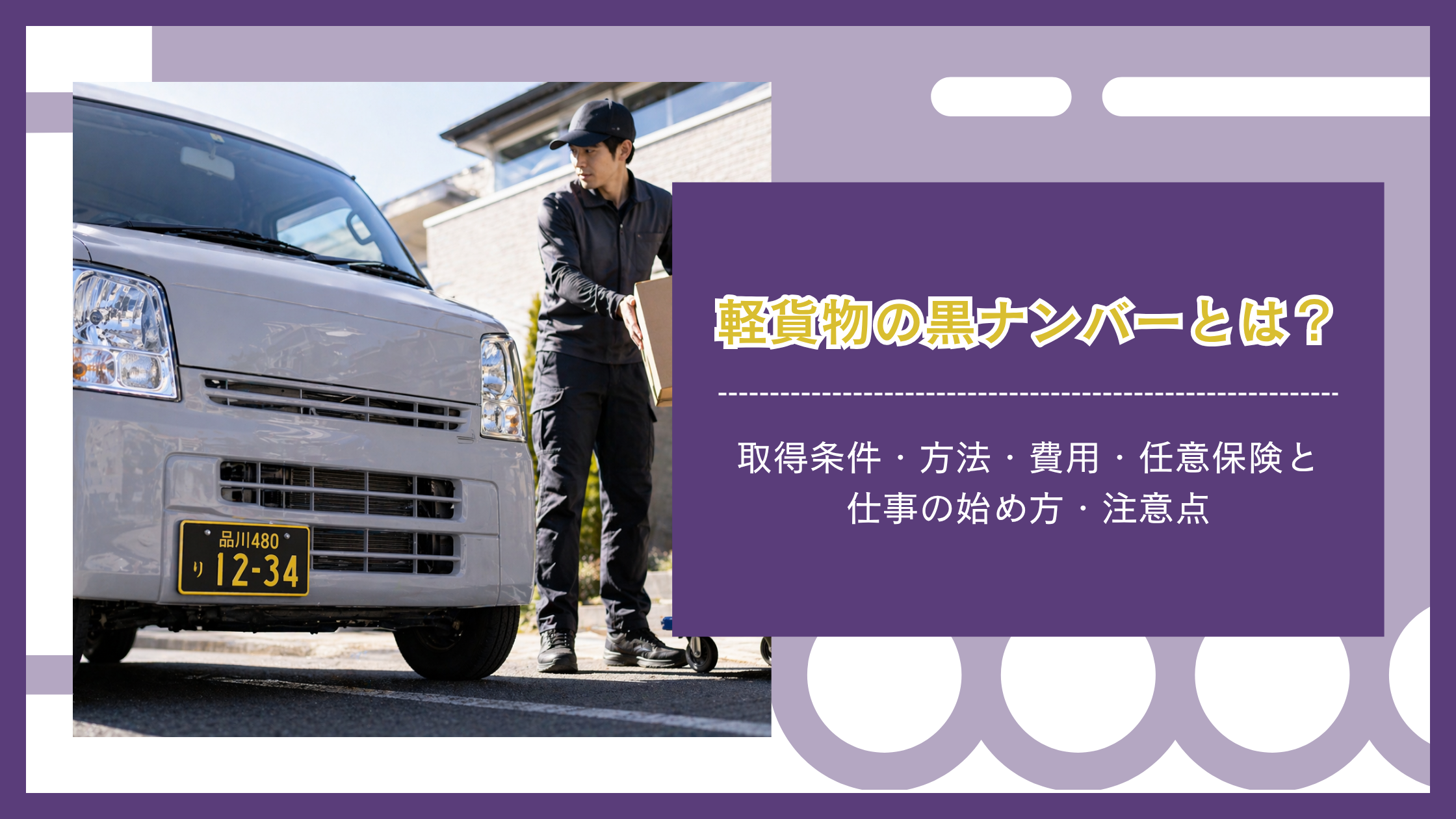 軽貨物ドライバーが黒ナンバーの軽バンで荷物を配達する様子と取得条件・費用・任意保険・仕事の始め方を示したイメージ画像