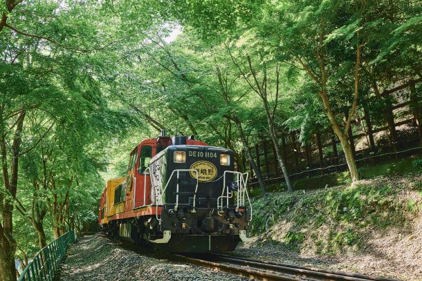 木漏れ日のなかを走るトロッコ列車
