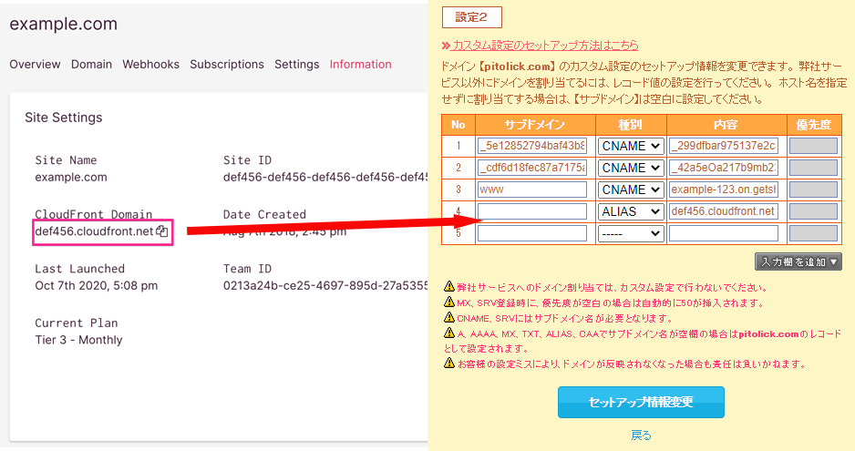 「CloudFront Domain」をムームードメインに入力