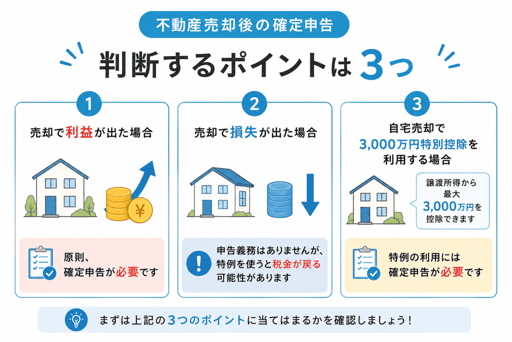 まず結論|不動産売却後の確定申告が必要かどうかは3つのケースで決まる