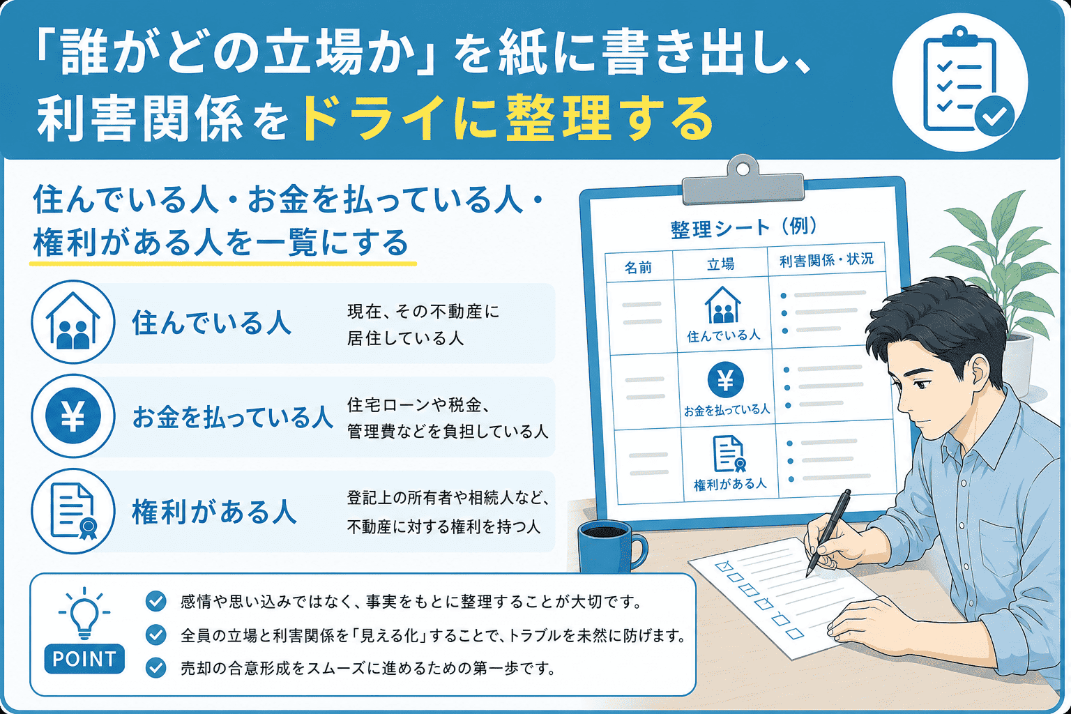 「誰がどの立場か」を紙に書き出し、利害関係をドライに整理する