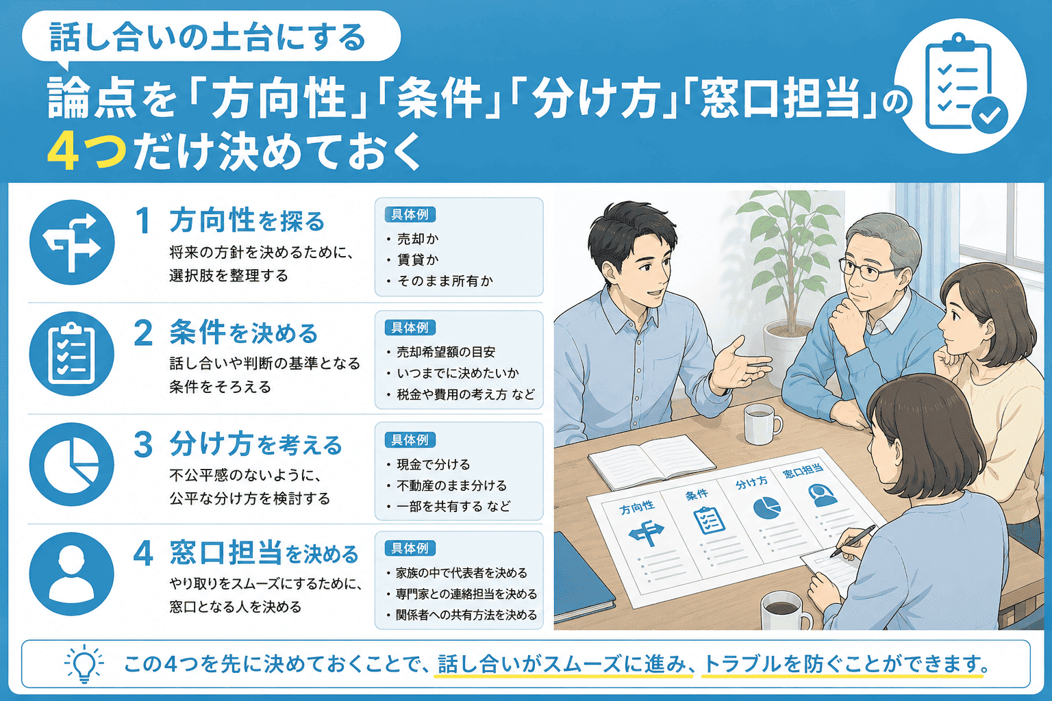 話し合いの土台にする論点を「方向性」「条件」「分け方」「窓口担当」の4つだけ決めておく