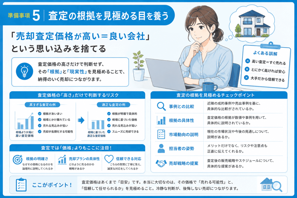 準備事項5. 査定の根拠を見極める目を養う:「売却査定価格が高い=良い会社」という思い込みを捨てる