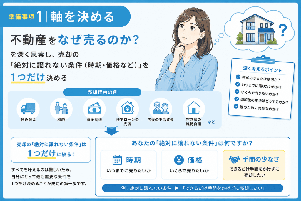 準備事項1. 軸を決める:不動産をなぜ売るのか?を深く思索し、売却の「絶対に譲れない条件(時期・価格など)」を1つだけ決める