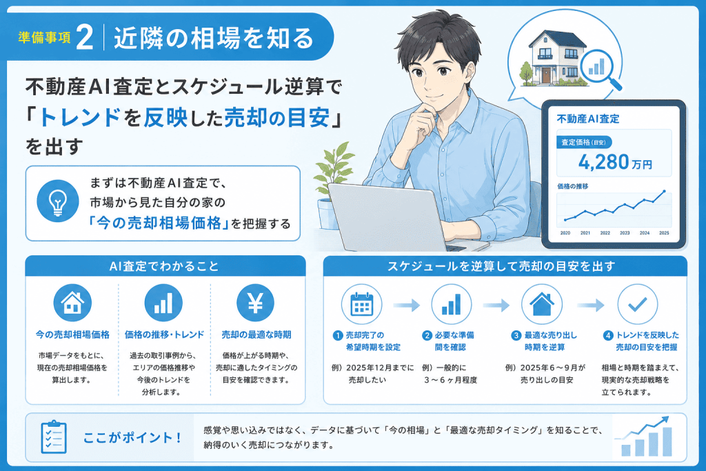準備事項2. 近隣の相場を知る:不動産AI査定とスケジュール逆算で「トレンドを反映した売却の目安」を出す