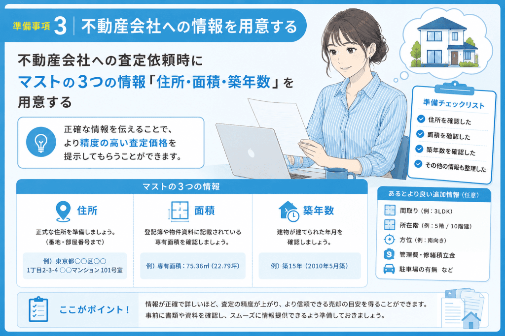 準備事項3. 不動産会社への情報を用意する:不動産会社への査定依頼時にマストの3つの情報「住所・面積・築年数」を用意する