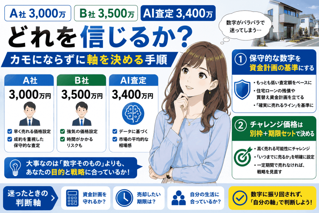 「A社3,000万/B社3,500万/AI査定3,400万」どれを信じるか?カモにならずに軸を決める手順