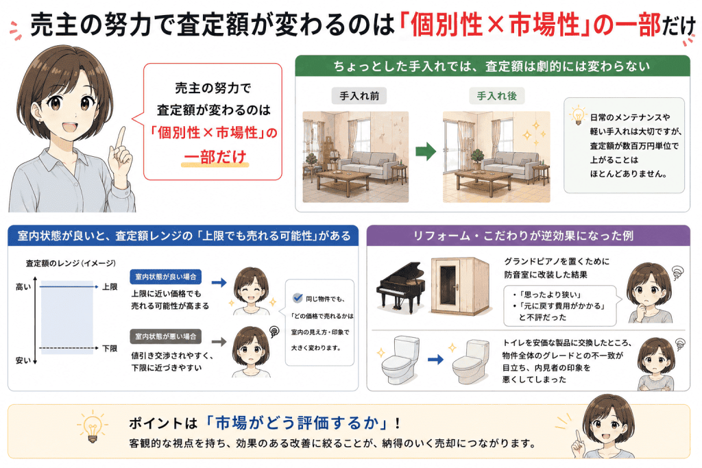 売主の努力で査定額が変わるのは「個別性×市場性」の一部だけ