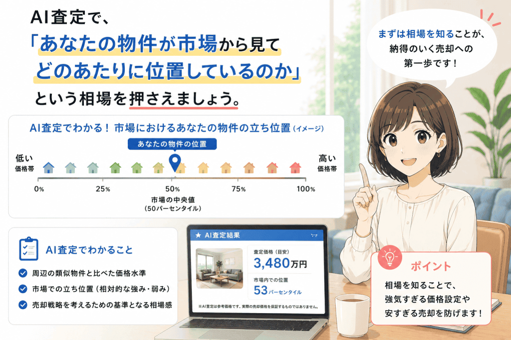 AI査定で、「あなたの物件が市場から見てどのあたりに位置しているのか」という相場を押さえましょう