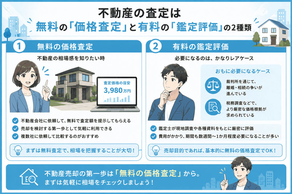 不動産の査定は、まず「無料査定」で十分。例外的に有料の鑑定評価が必要なケースもある