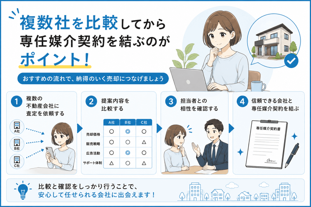 おすすめは「複数社を比較してから専任媒介契約を結ぶこと」