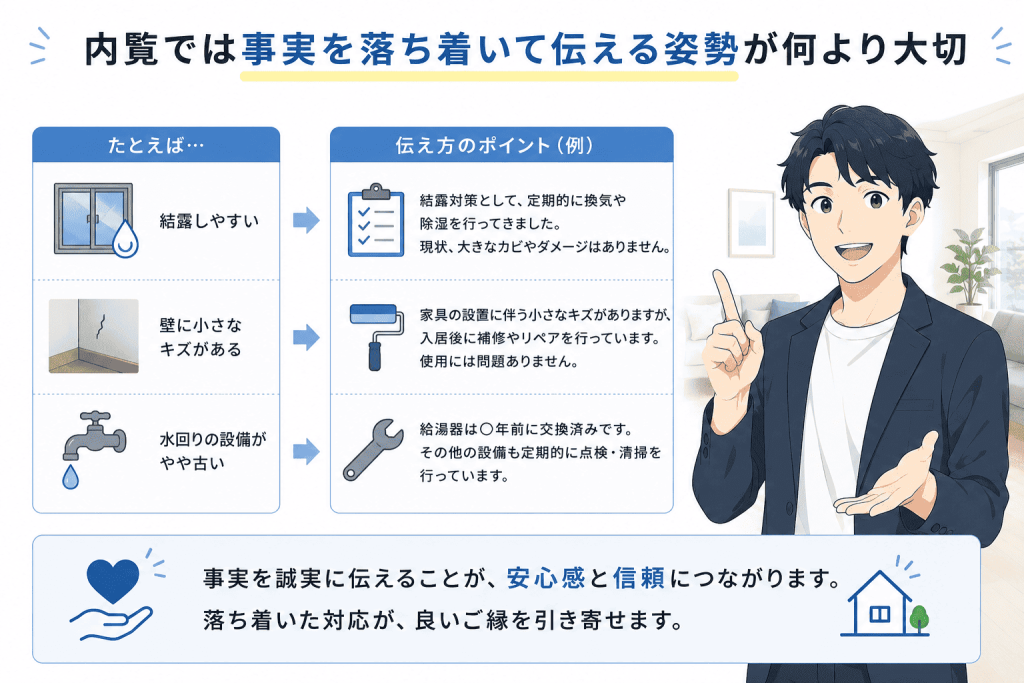 内覧では事実を落ち着いて伝える姿勢が何より大切
