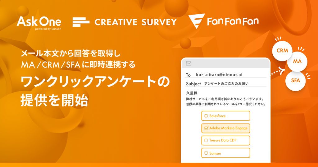 メール本文から取得した回答を外部サービスに即時連携する「ワンクリックアンケート」、Ask One / CREATIVE SURVEY / Fan Fan Fan で提供開始。マーケティング業務の効率化と成果最大化を支援