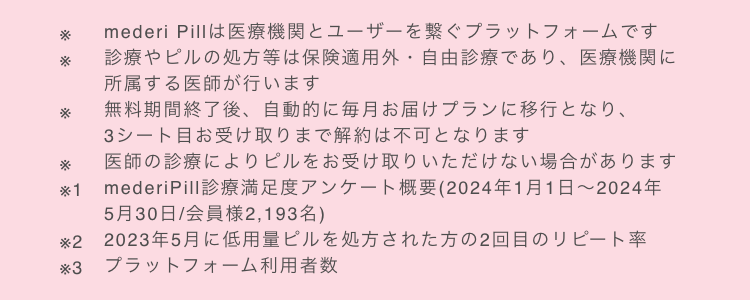 ※mederi Pillは医療機関とユーザーを繋ぐプラットフォームです ※診療やピルの処方等は保険適用外・自由診療であり、医療機関に所属する医師が行います ※無料期間終了後、自動的に毎月お届けプランに移行となり、3シート目お受け取りまで解約は不可となります ※医師の診療によりピルをお受け取りいただけない場合があります ※毎月定期便プランの1シートあたりの価格になります