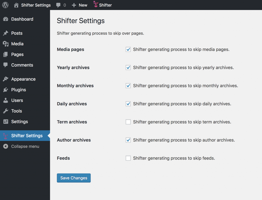 Shifter Site Settings Screenshot - Static Site Generator WordPress Serverless