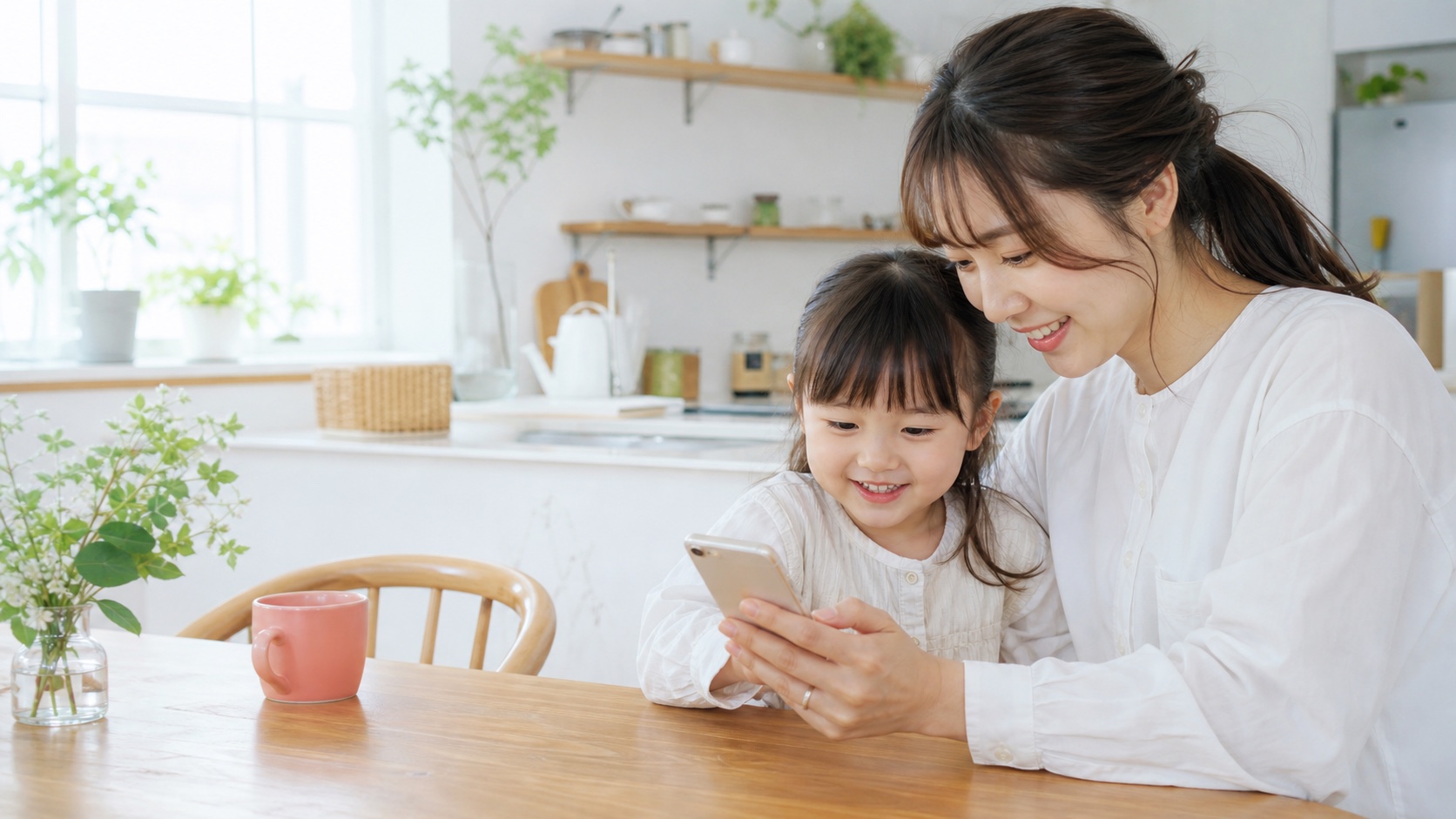 スマートフォンを見ながら商品を選ぶ親子