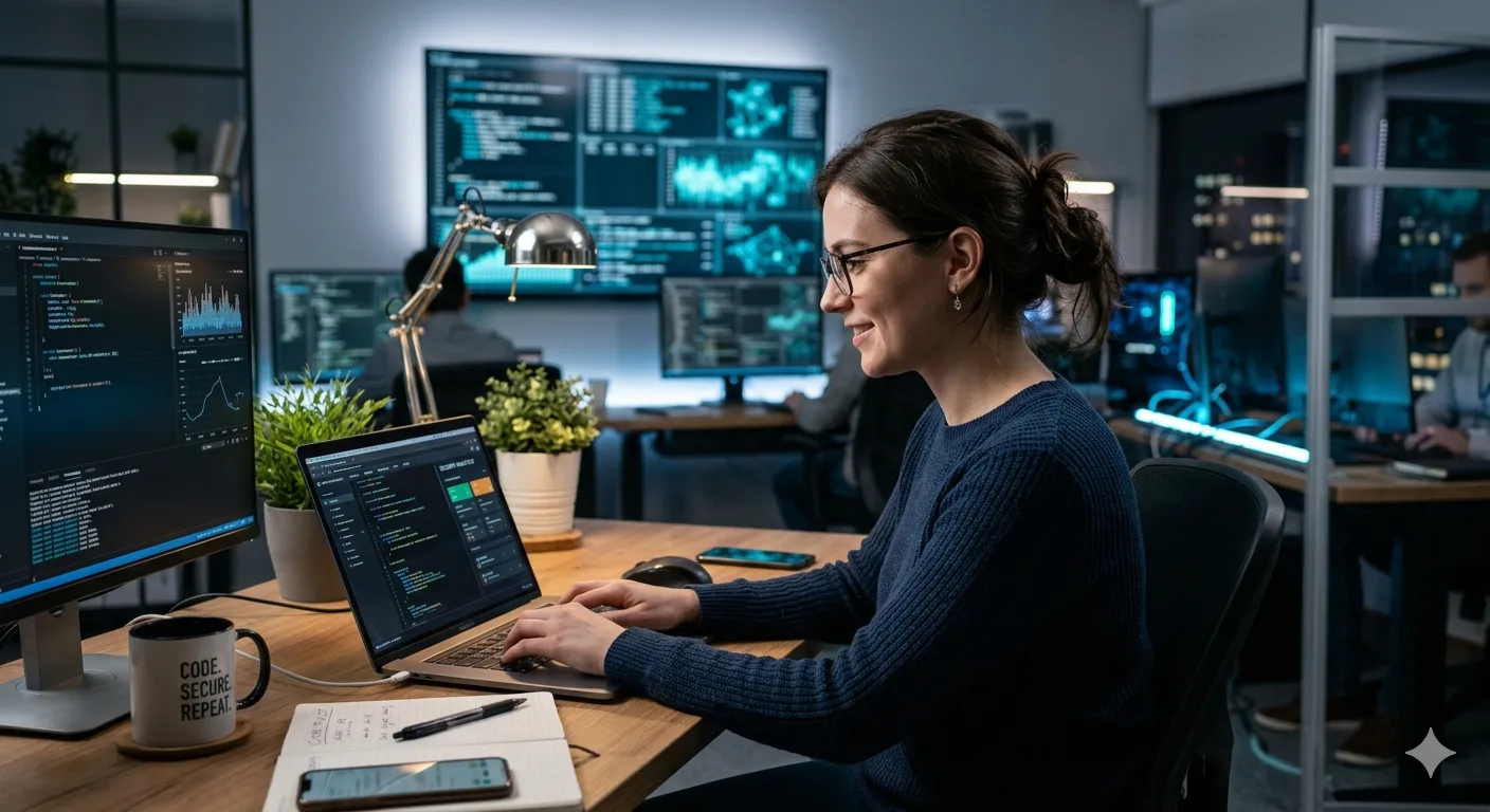 Female office worker sitting at her desk and typing on her laptop.